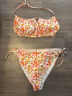 Floral Bikini Set Top and Bottom - Pink & Orange Flowers